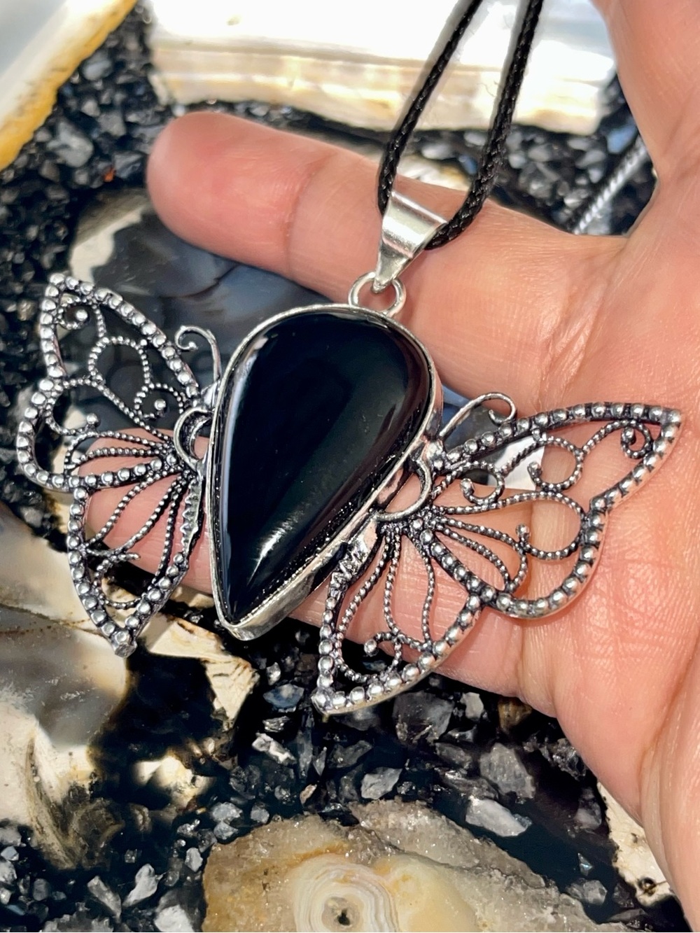 Lightweight Butterfly Black Onyx Pendant 2 1/4”